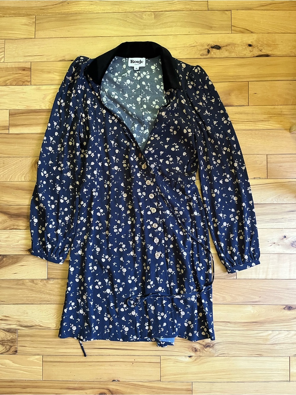 Rouje Gabinette Navy Floral Wrap Dress with Cream Blooms